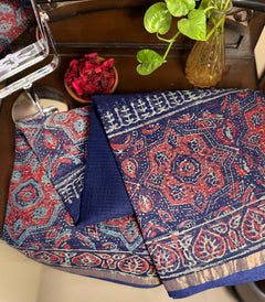 Royal Indigo Red Bloom Saree