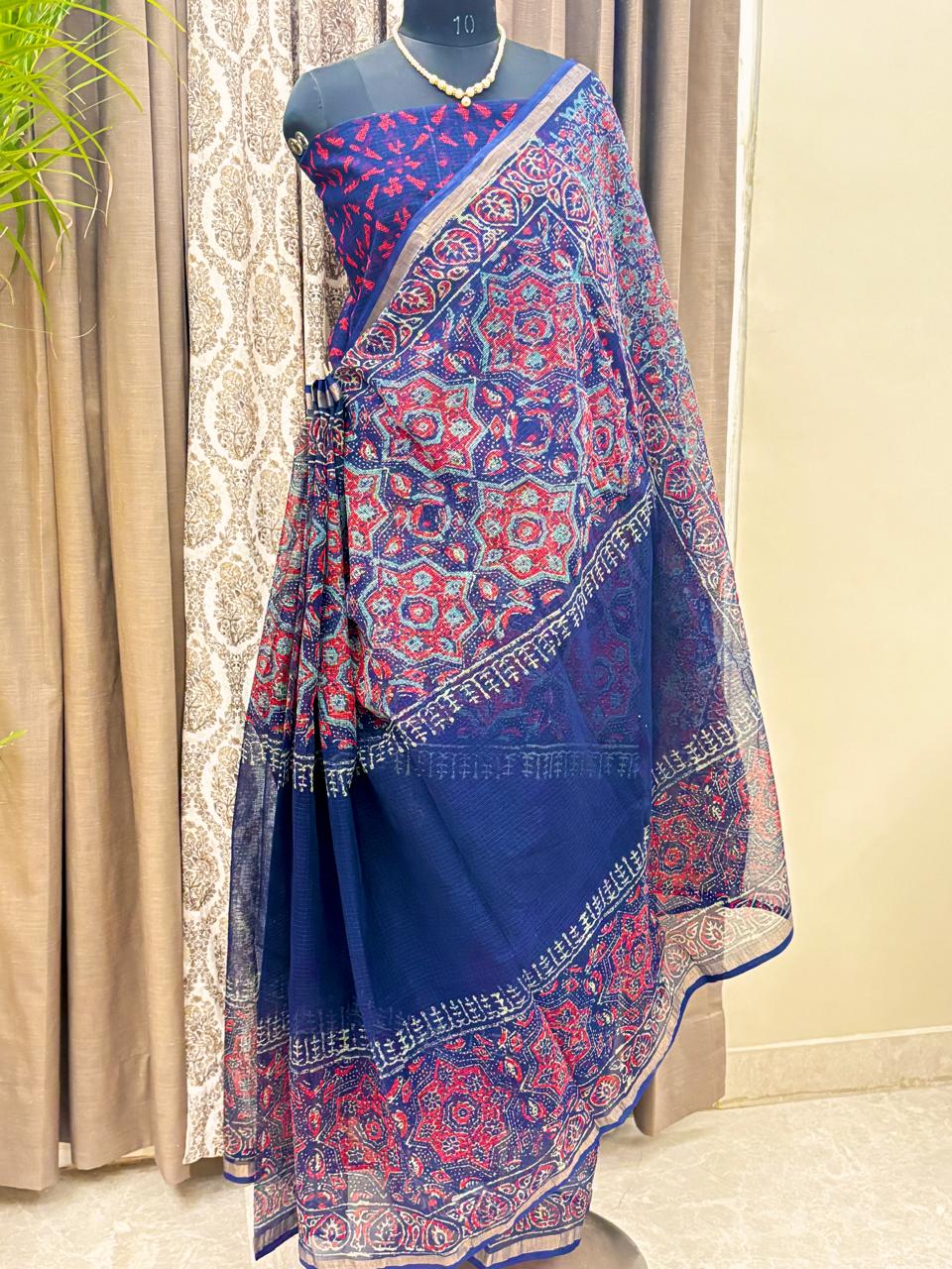 Royal Indigo Red Bloom Saree