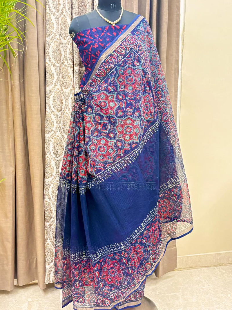 Royal Indigo Red Bloom Saree