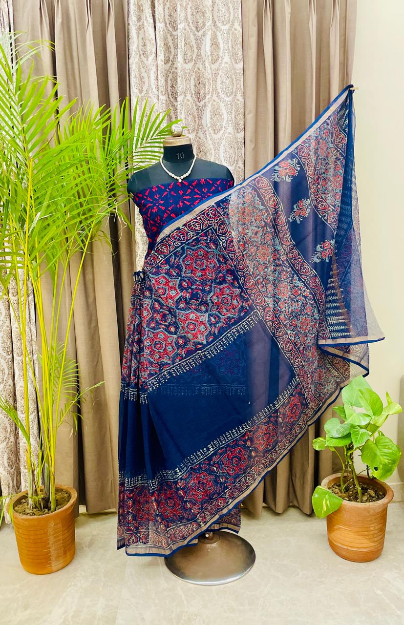 Royal Indigo Red Bloom Saree