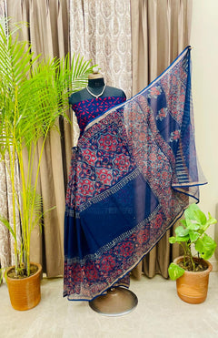 Royal Indigo Red Bloom Saree