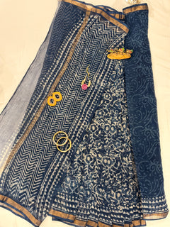 Navy Bloom Hand Block Saree