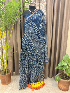 Navy Bloom Hand Block Saree