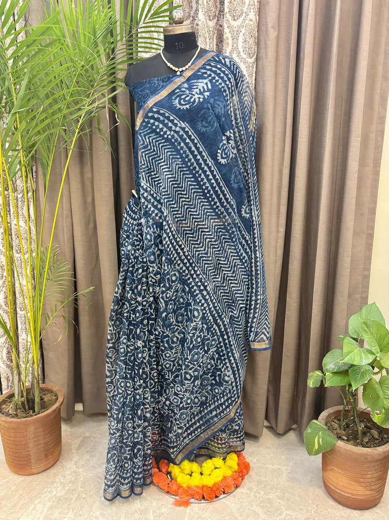 Navy Bloom Hand Block Saree