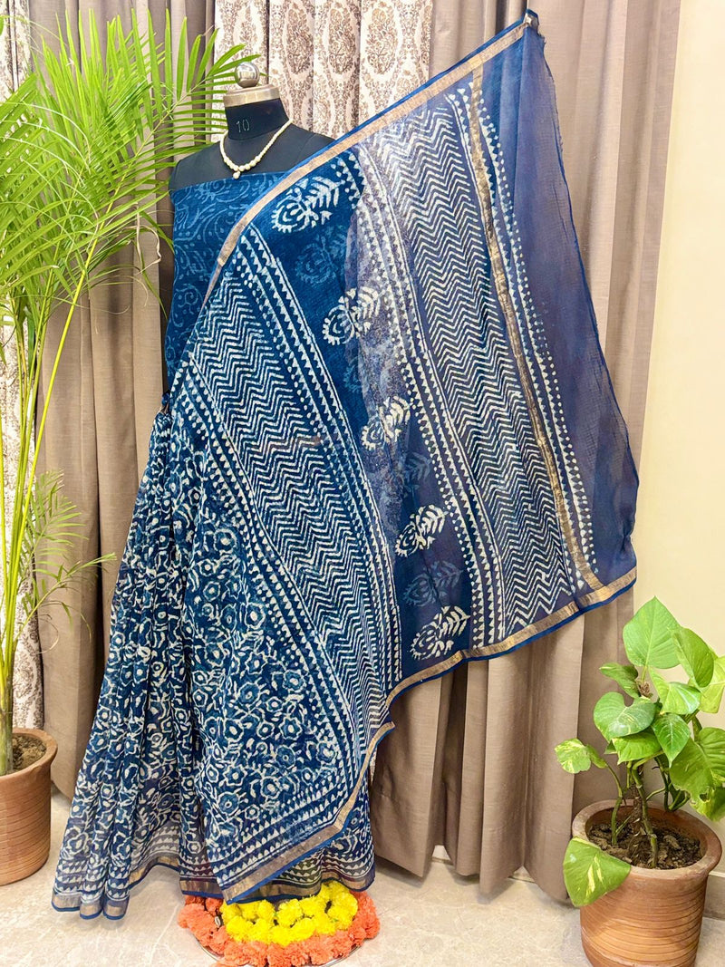 Navy Bloom Hand Block Saree