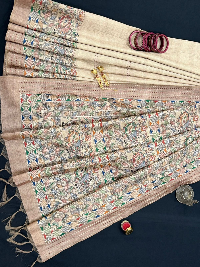 Folk Peacock Kantha Saree