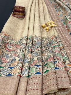 Folk Peacock Kantha Saree