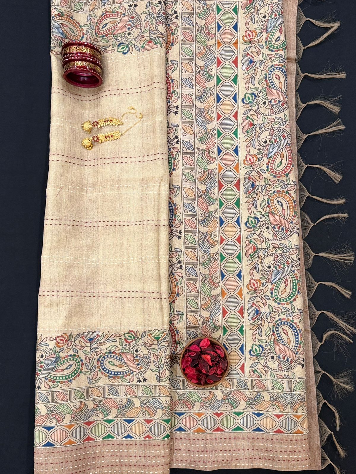 Folk Peacock Kantha Saree
