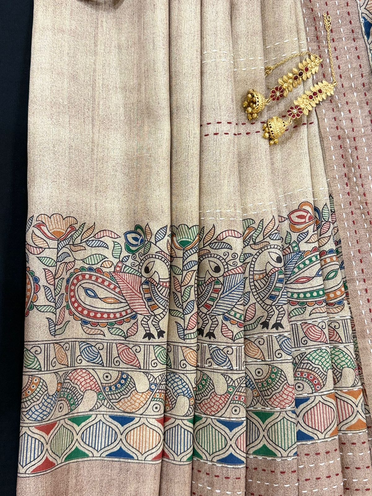 Folk Peacock Kantha Saree