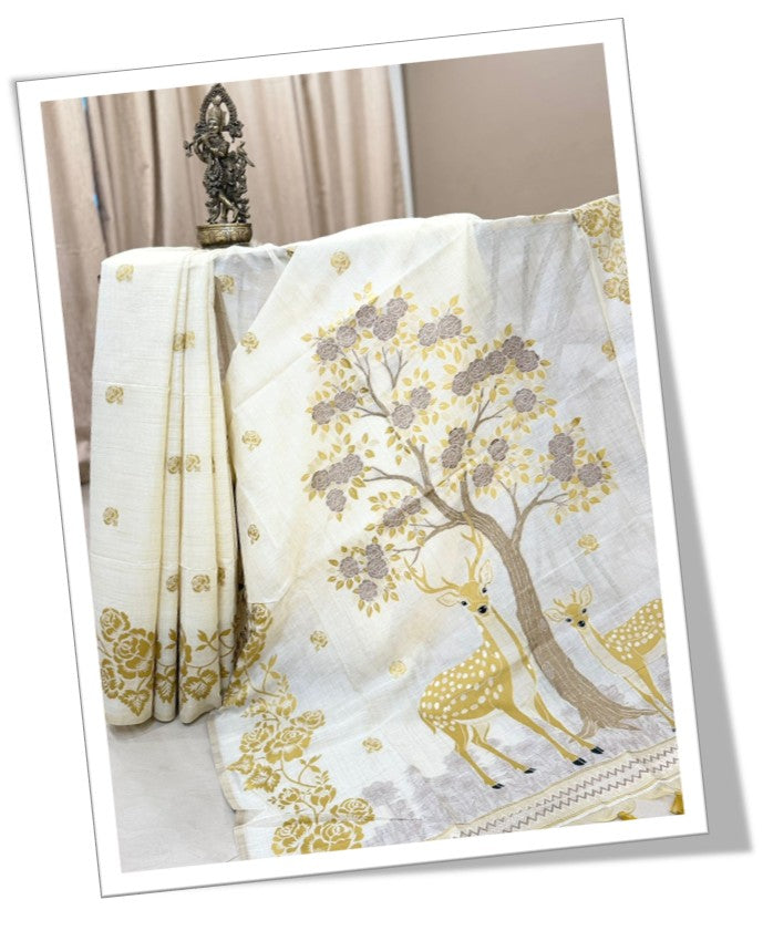 Ivory Linen Silk Saree with Blue Nature Print