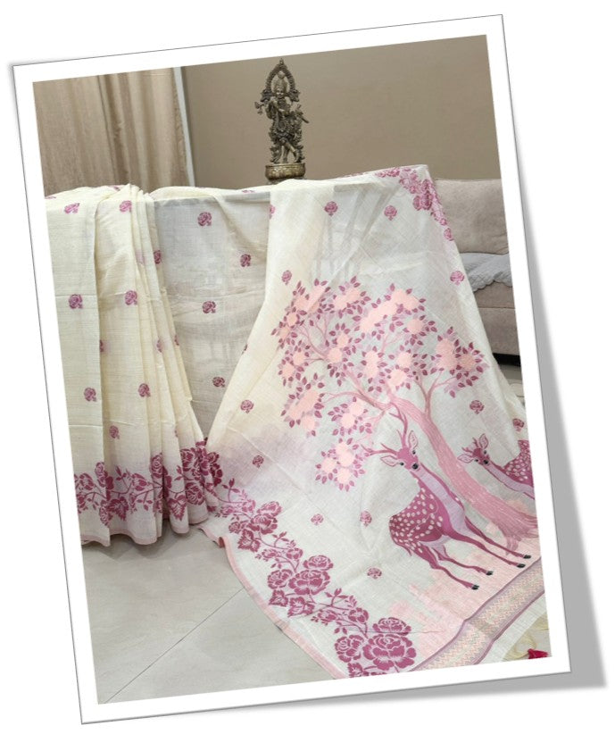 Ivory Linen Silk Saree with Blue Printed Motifs