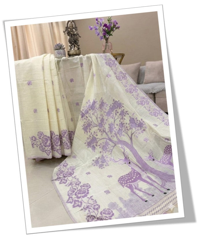 Ivory Linen Silk Saree with Blue Artistic Motifs