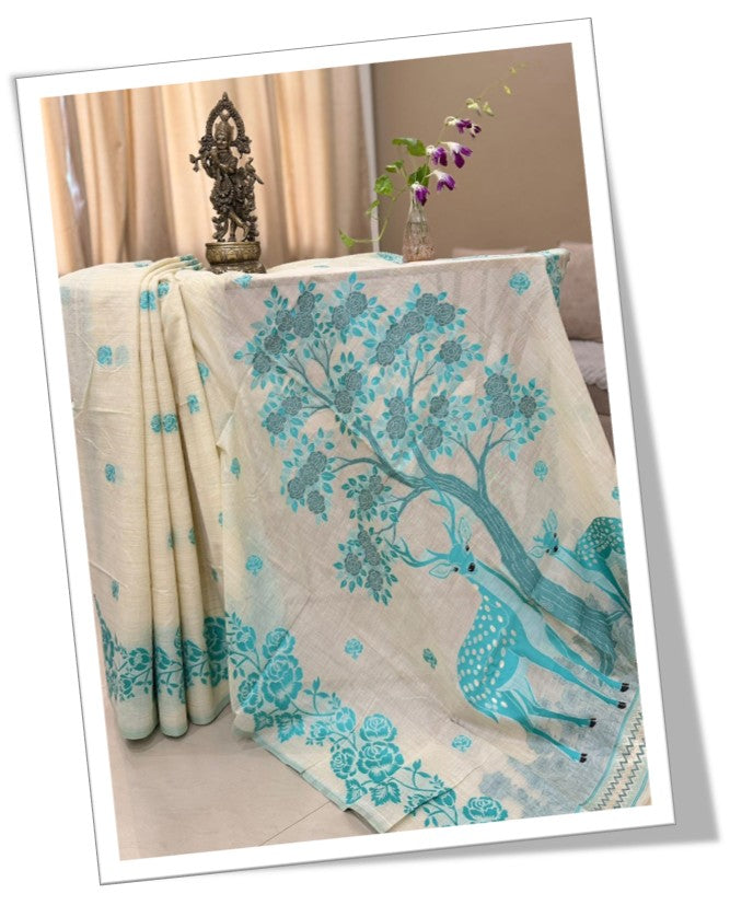 Ivory Linen Silk Saree with Turquoise Forest Print
