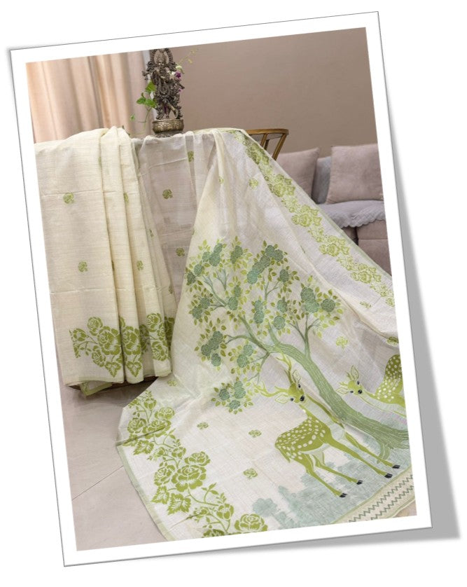 Ivory Linen Silk Saree with Blue Floral Deer Print