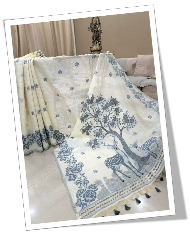 Ivory Linen Silk Saree with Blue Artistic Print