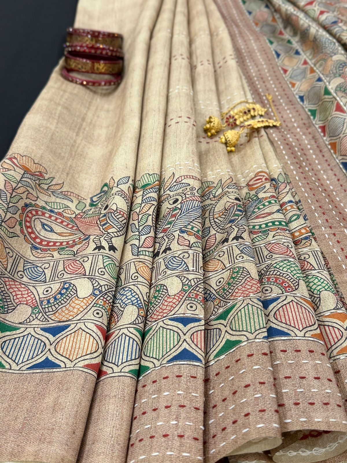 Folk Peacock Kantha Saree