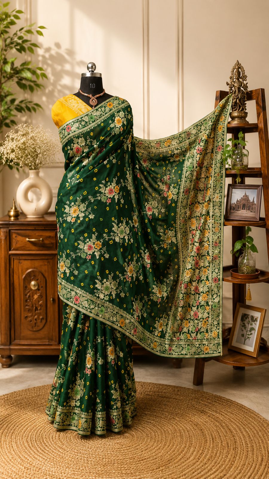 Royal Emerald Green Floral Bandhani Saree