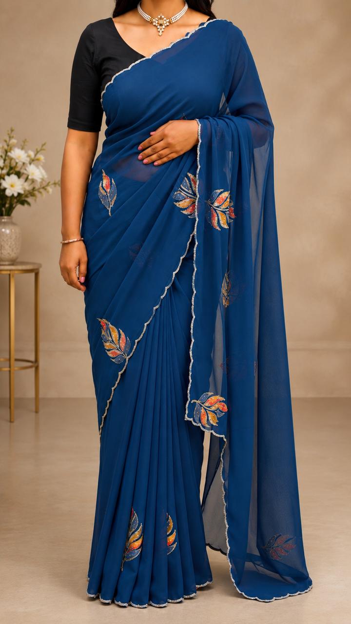 Royal Blue Leaf Chiffon Saree
