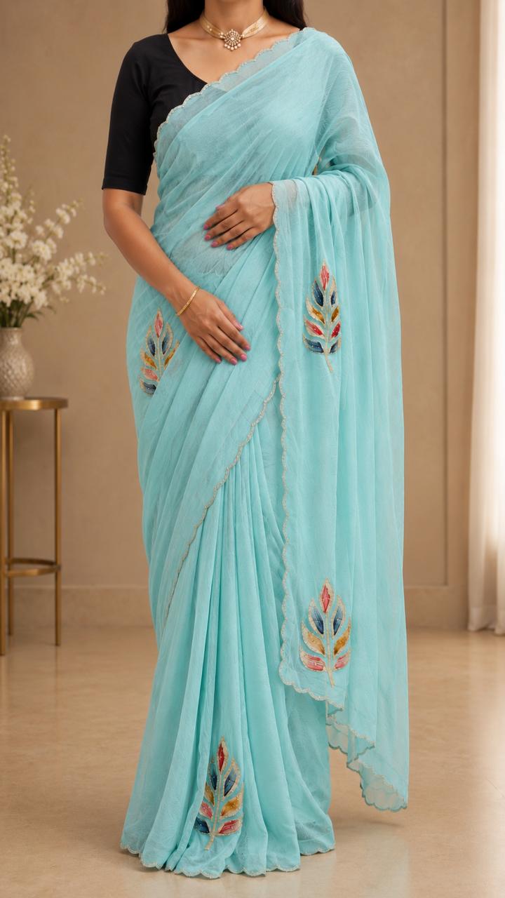 Pastel Aqua Leaf Chiffon Saree