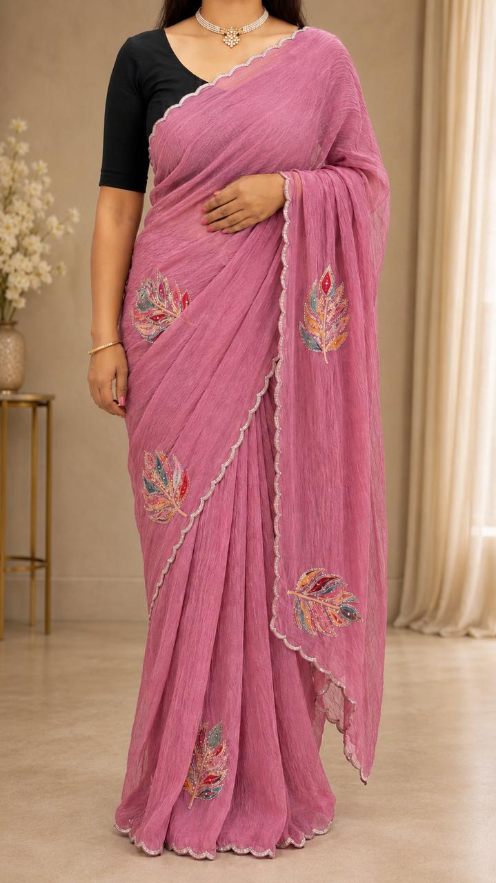 Royal Pink Leaf Chiffon Saree