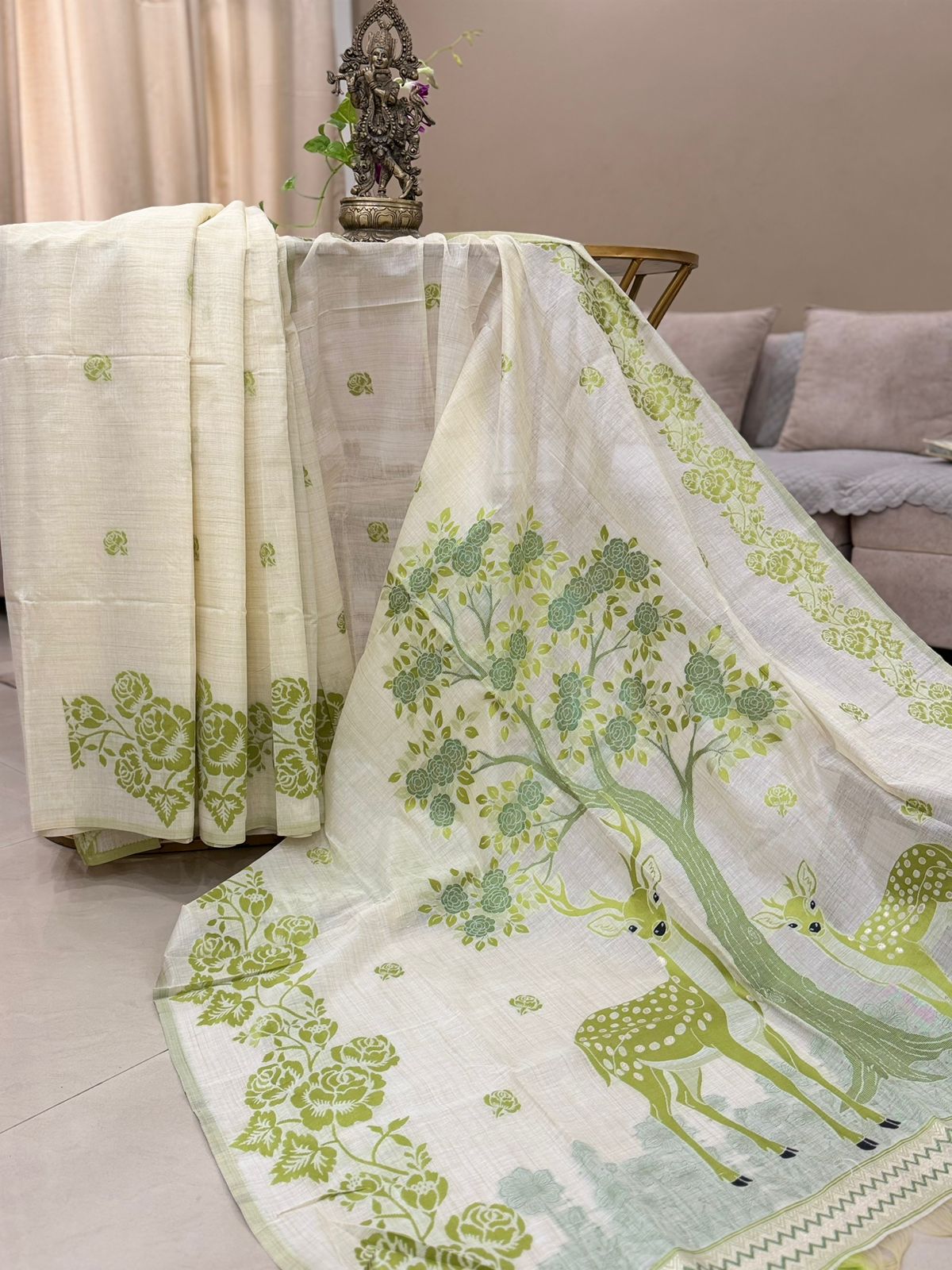 Creamy White Green Deer Tree Linen Silk Saree