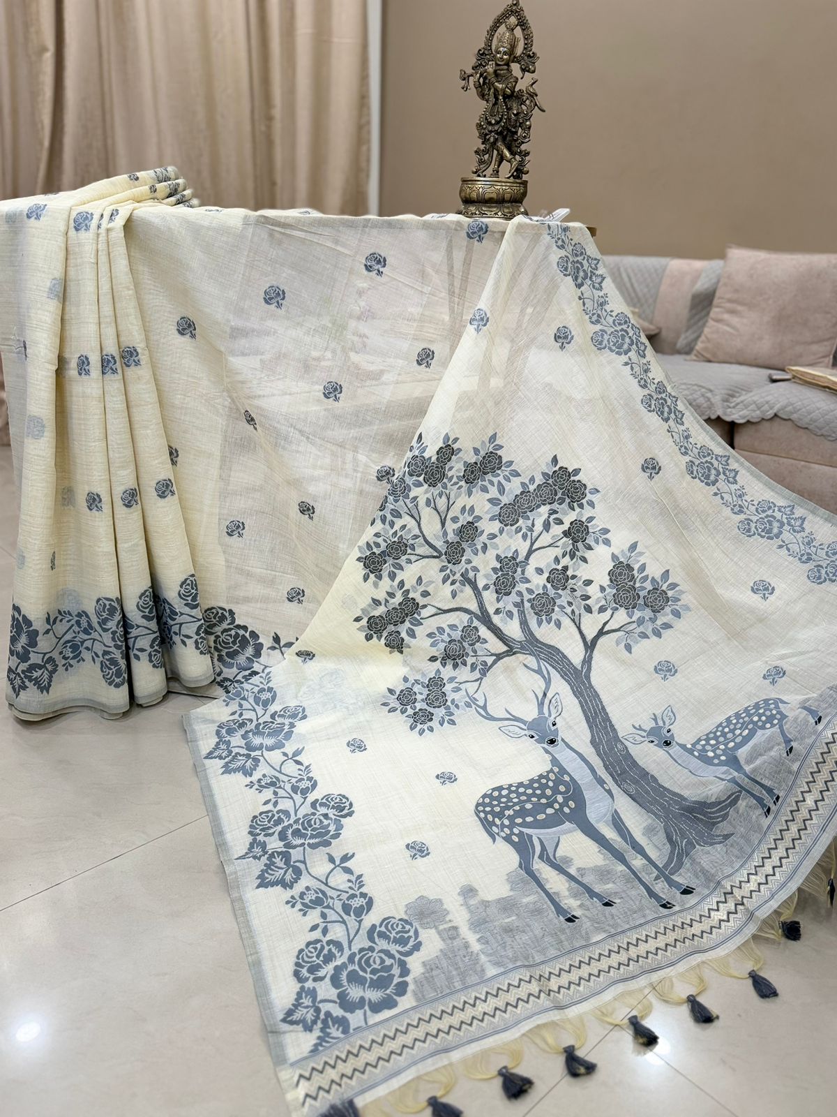 Creamy White Grey Deer Tree Linen Silk Saree