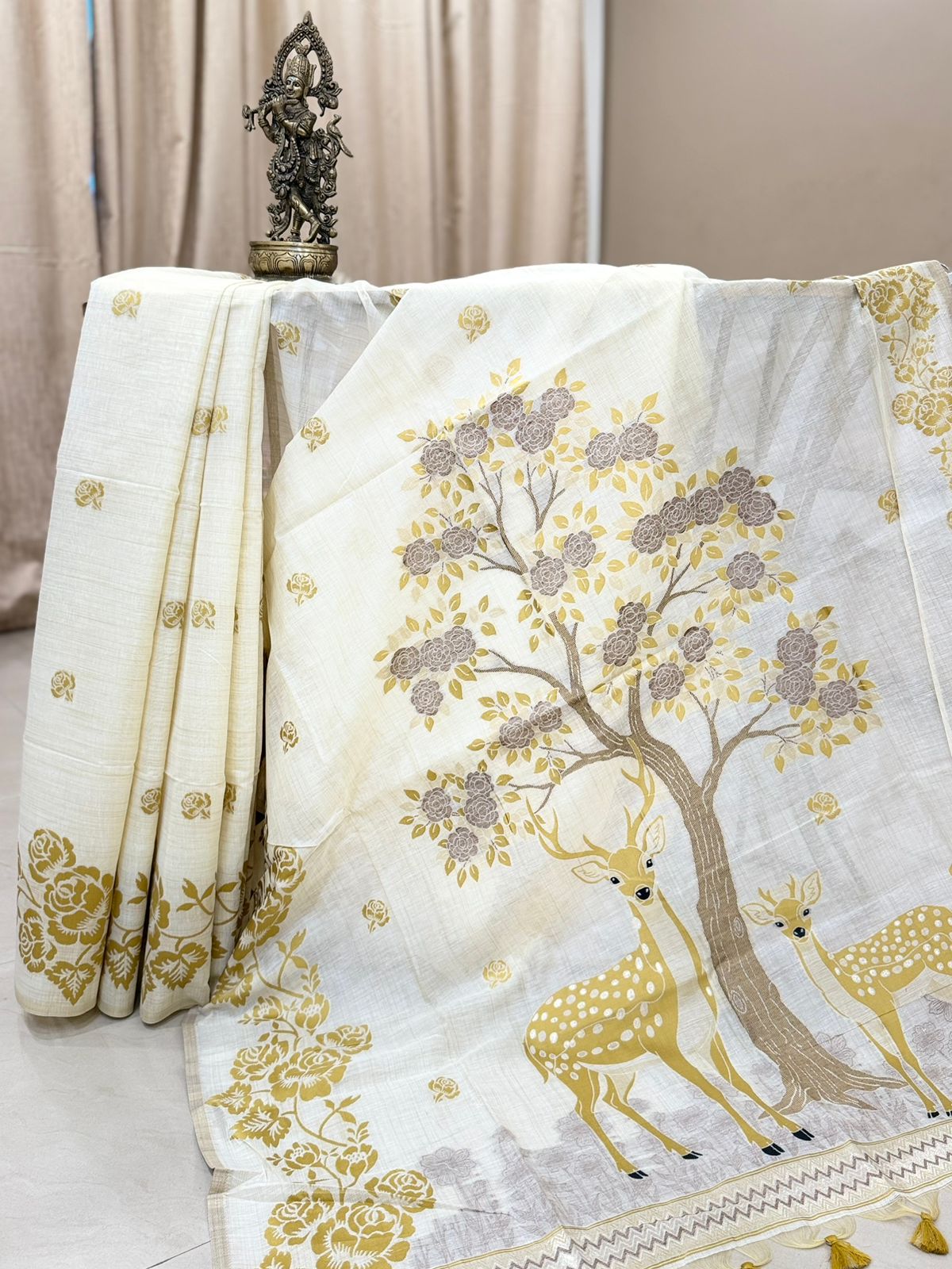 Creamy White Golden Deer Tree Linen Silk Saree