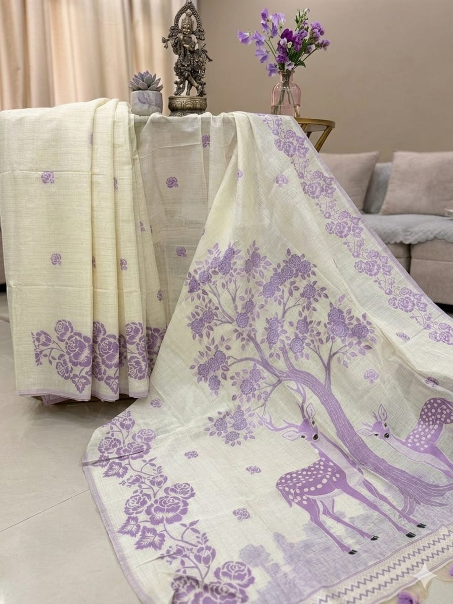 Creamy White Purple Deer Tree Linen Silk Saree