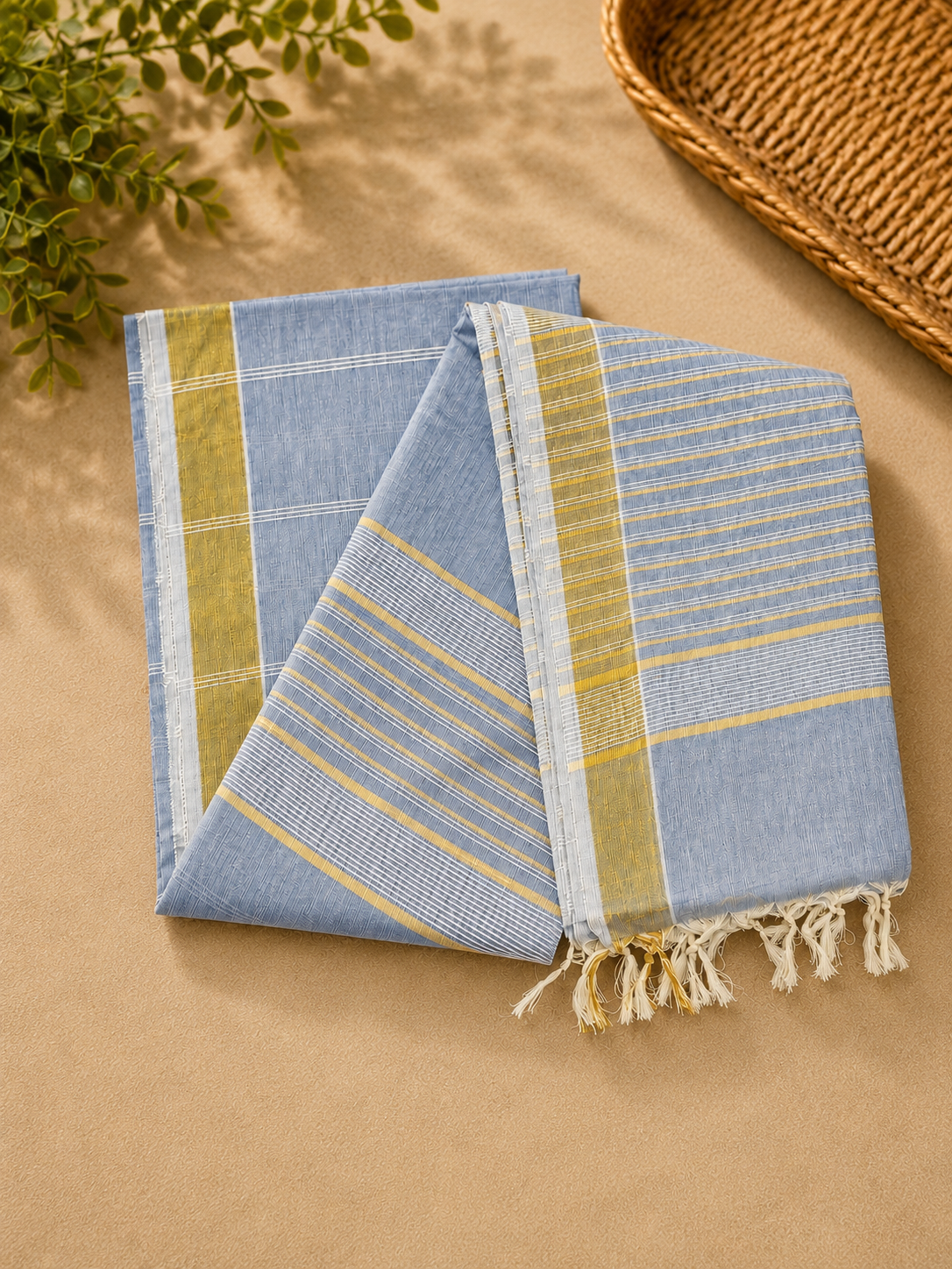 Powder Blue Cotton Saree with Gold Zari Stripes