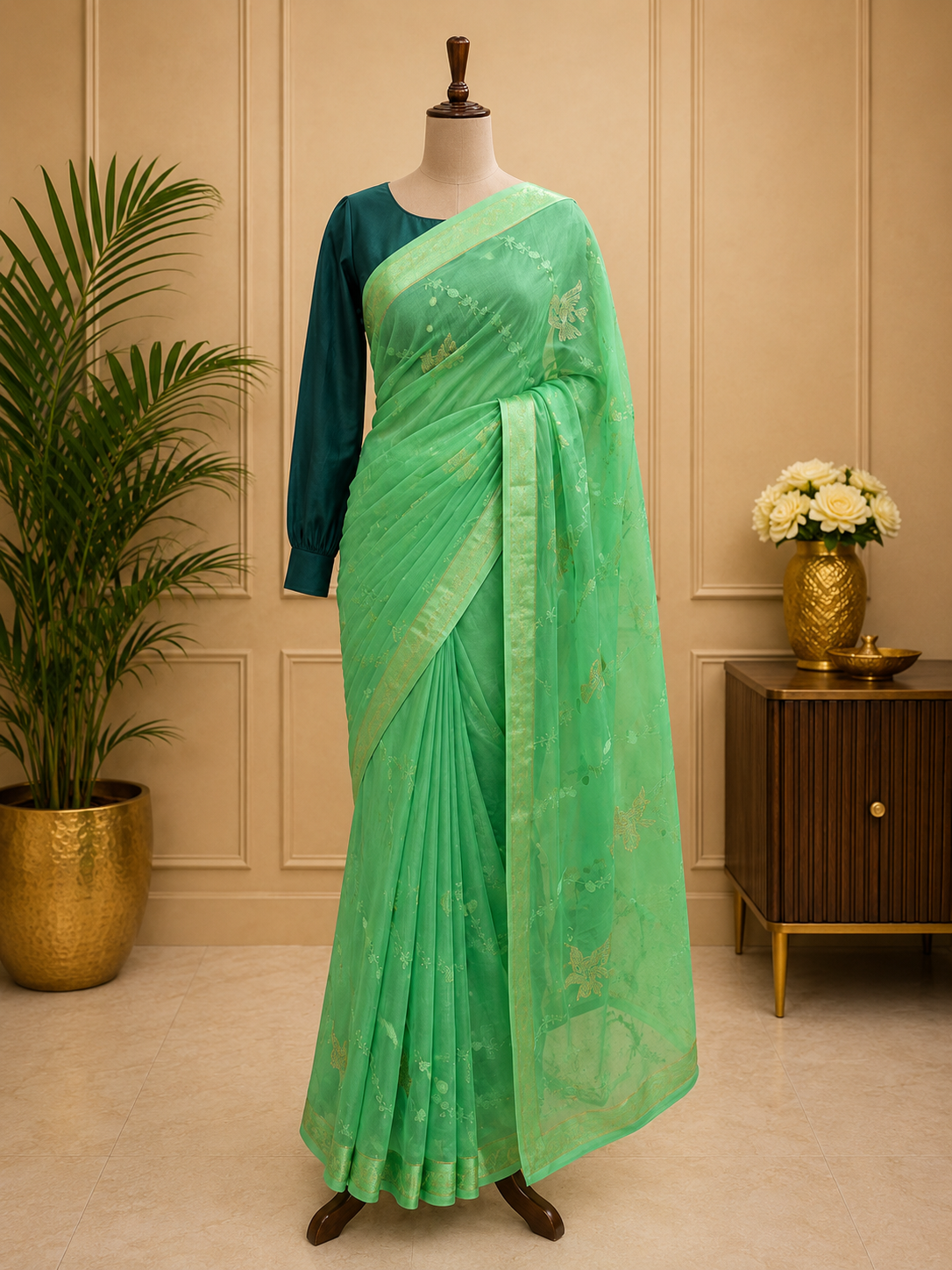 Mint Green Embroidered Chiffon Saree