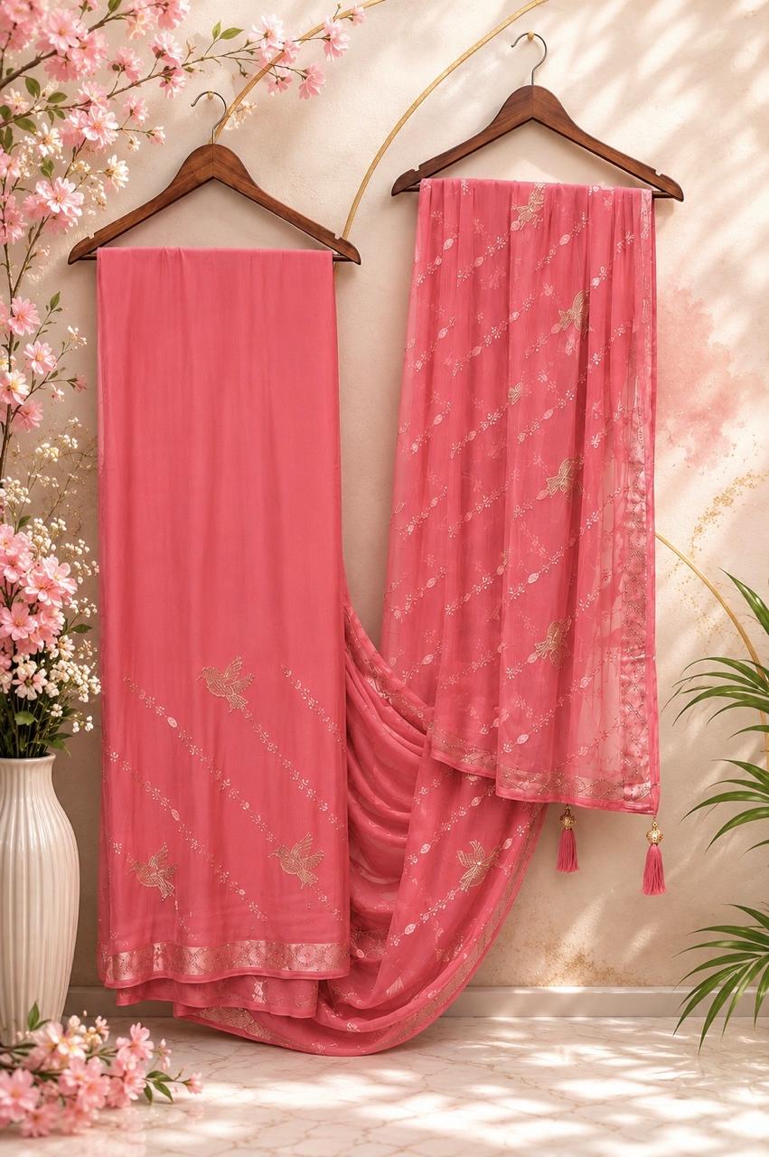 Pastel Scarlet Embroidered Chiffon Saree
