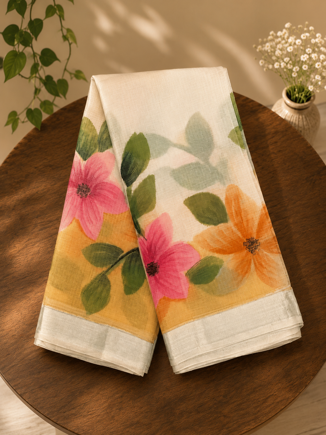 Ivory Blossom Cotton Saree