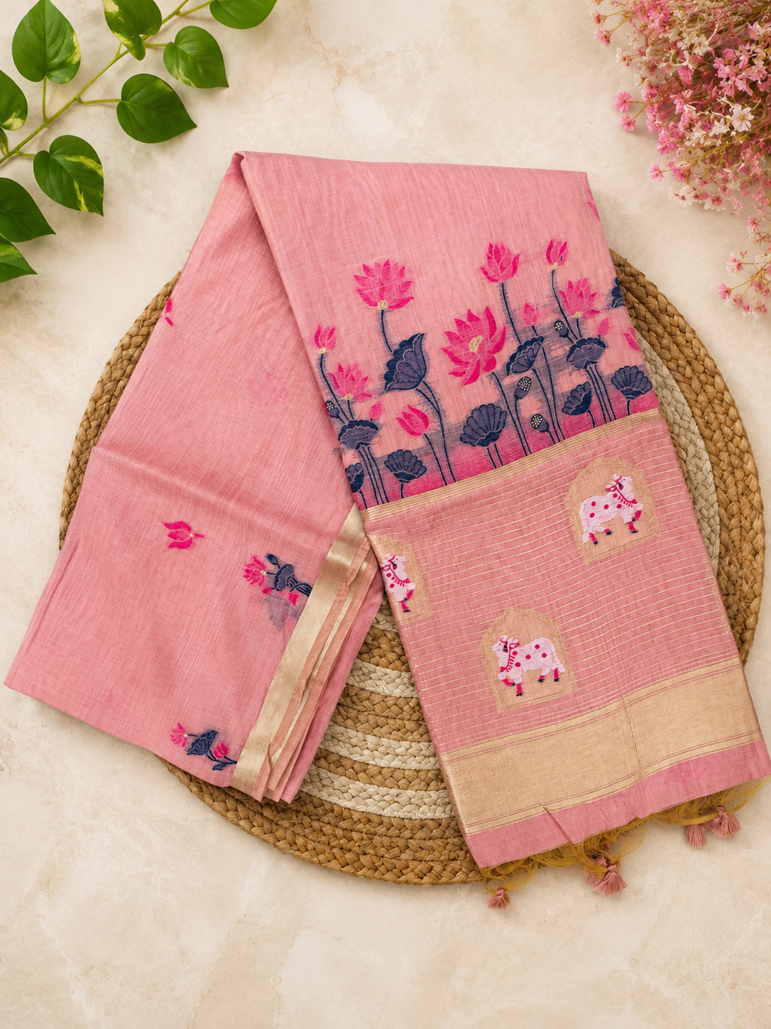 Blush Pink Lotus & Elephant Motif Cotton Saree