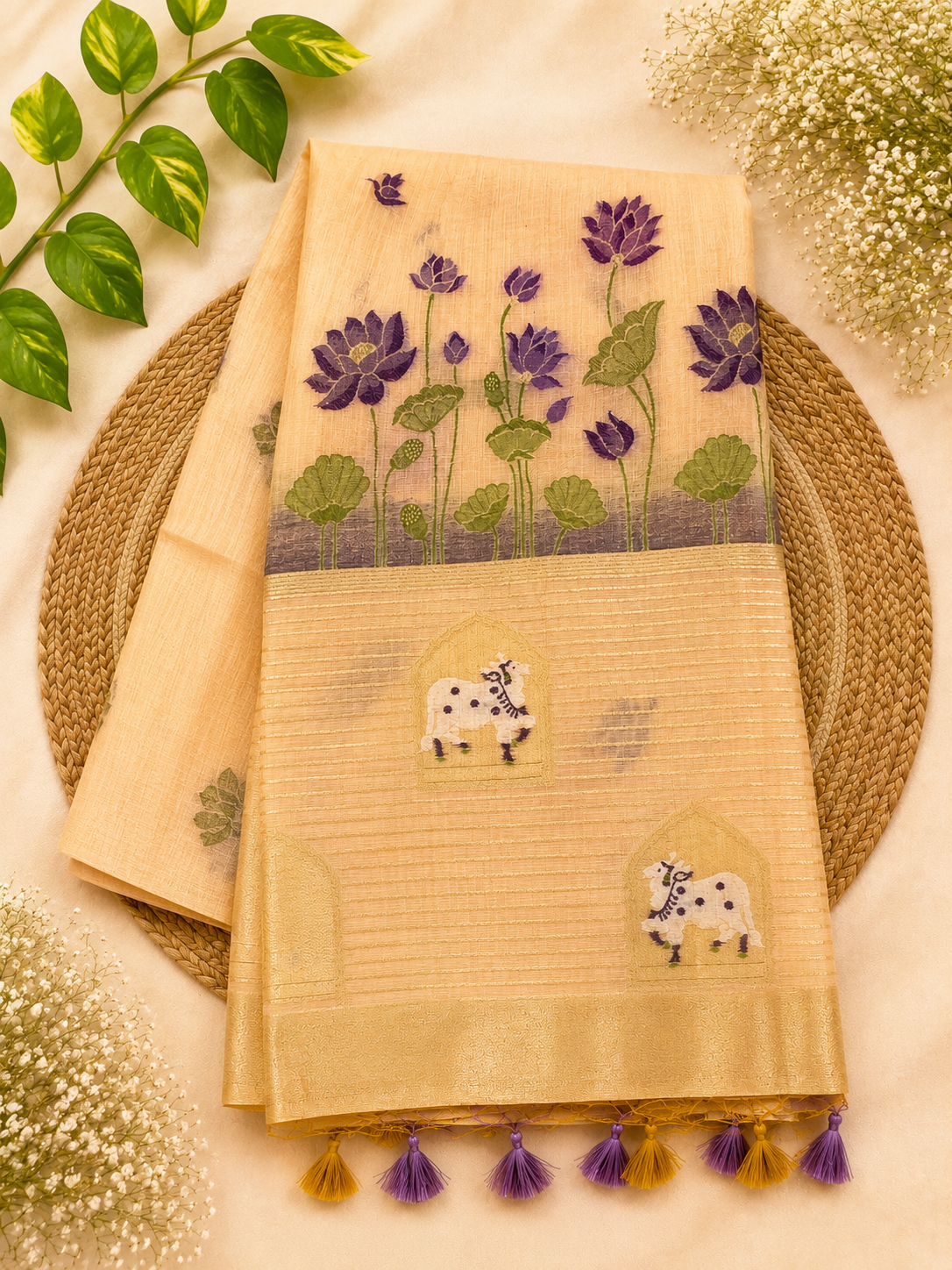 Ivory Cream Lotus & Cow Motif Cotton Saree